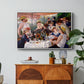 Luncheon of the Boating Party (Le Déjeuner des canotiers), 1880-1881 by Pierre-Auguste Renoir in a white floater framed canvas featuring a group of elegantly dressed people dining together on a sunlit balcony overlooking the river, displayed above a wood console cabinet.