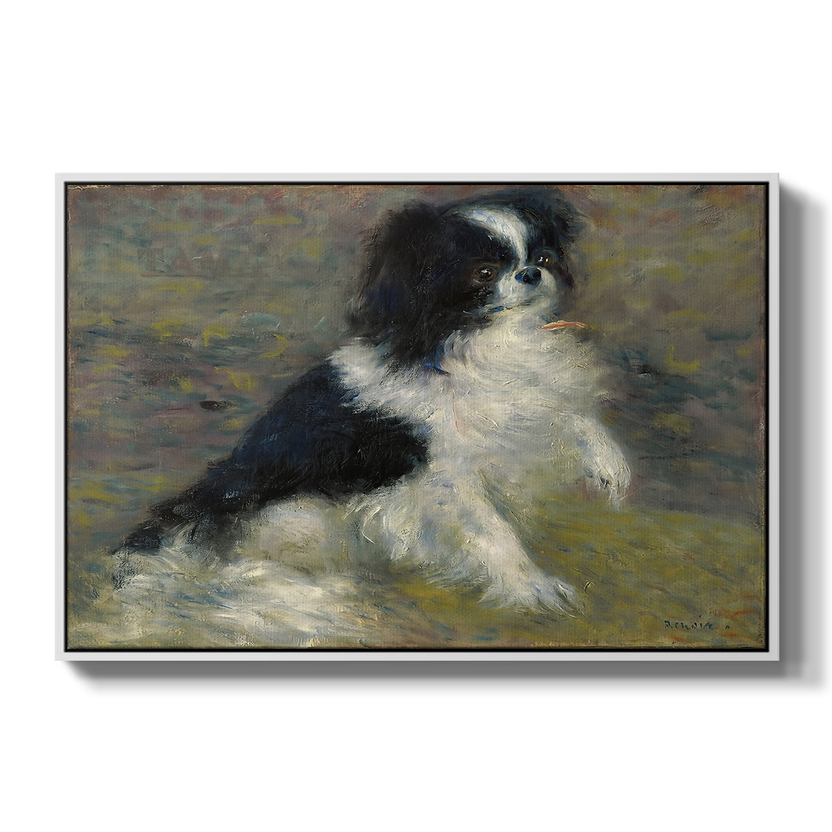 Tama, the Japanese Dog, c. 1876 by Pierre-Auguste Renoir in a white floater framed canvas wall art display.