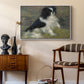 Tama, the Japanese Dog, c. 1876 by Pierre-Auguste Renoir as a white floater framed canvas featuring a close-up of a small dog in motion surrounded by rippling water, styled above a mid-century console in a contemporary living area.