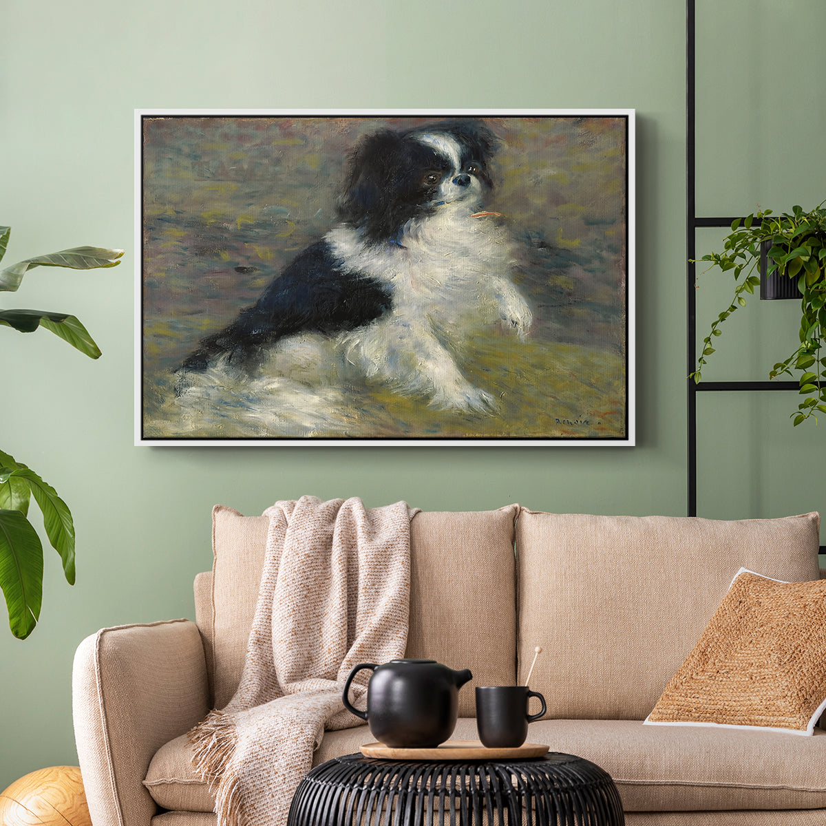 White floater framed canvas featuring an animal portrait of a dog in natural outdoor setting with soft light, displayed above a sofa in a modern living room.