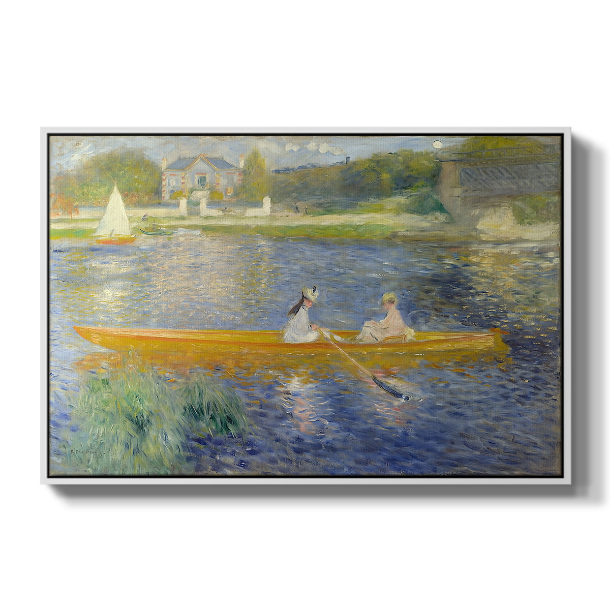 The Skiff (La Yole), 1875 by Pierre-Auguste Renoir in a white floater framed canvas wall art display.