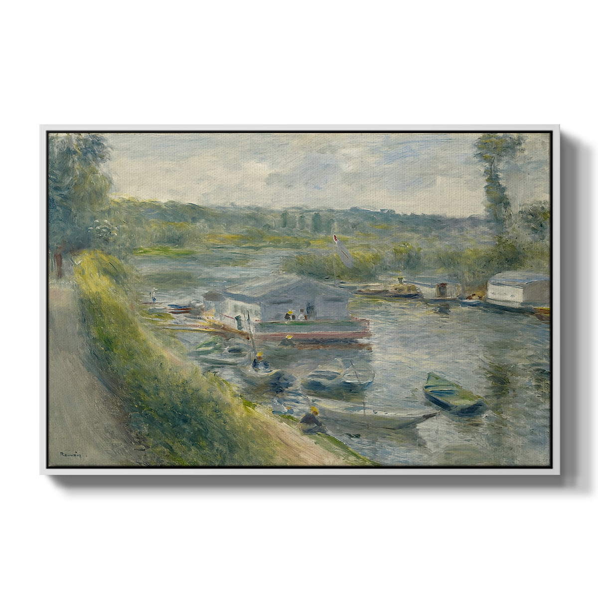 Wash-House Boat at Bas-Meudon, c. 1874 by Pierre-Auguste Renoir in a white floater framed canvas wall art display.