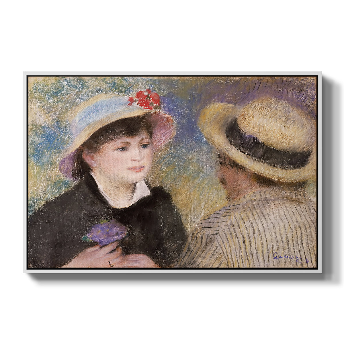 Boating Couple (Aline Charigot and Renoir), c. 1881 by Pierre-Auguste Renoir in a white floater framed canvas wall art display.