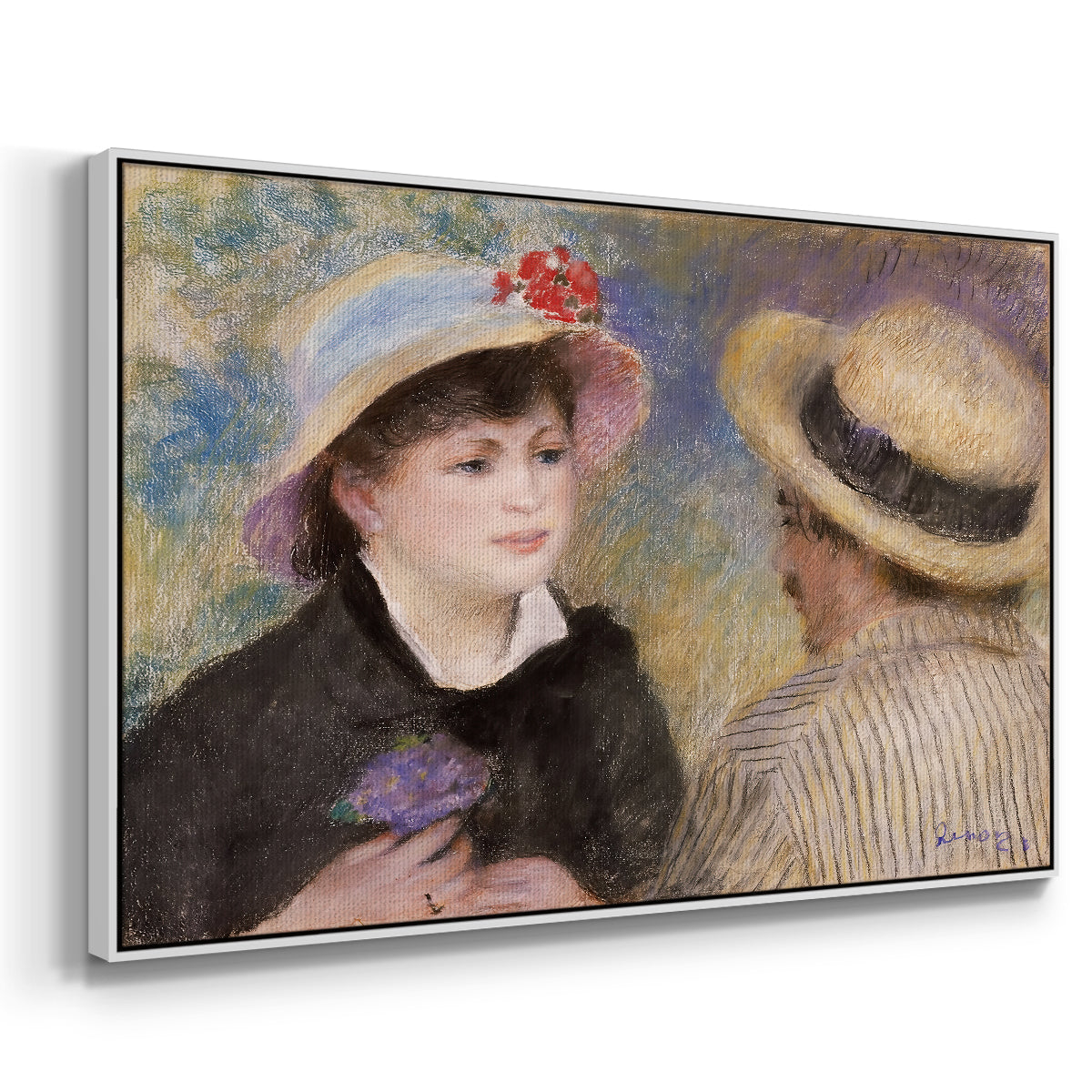 Angled view of Boating Couple (Aline Charigot and Renoir), c. 1881 by Pierre-Auguste Renoir in a white floater framed canvas.