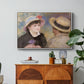 Boating Couple (Aline Charigot and Renoir), c. 1881 by Pierre-Auguste Renoir in a white floater framed canvas featuring a close-up of a couple seated together outdoors with hats and soft sunlight, displayed above a wood console cabinet.