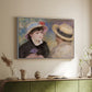 White floater framed canvas of Boating Couple (Aline Charigot and Renoir), c. 1881 by Pierre-Auguste Renoir, featuring an intimate portrait of man and woman sitting side by side in outdoor setting above a sideboard in a softly lit hallway.