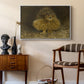 An Eagle Owl (Berguv), 1905 by Bruno Liljefors as a white floater framed canvas featuring a bird of prey resting on tree branch with textured feathers, styled above a mid-century console in a contemporary living area.