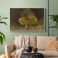White floater framed canvas featuring a realistic depiction of owl camouflaged within woodland environment, displayed above a sofa in a modern living room.