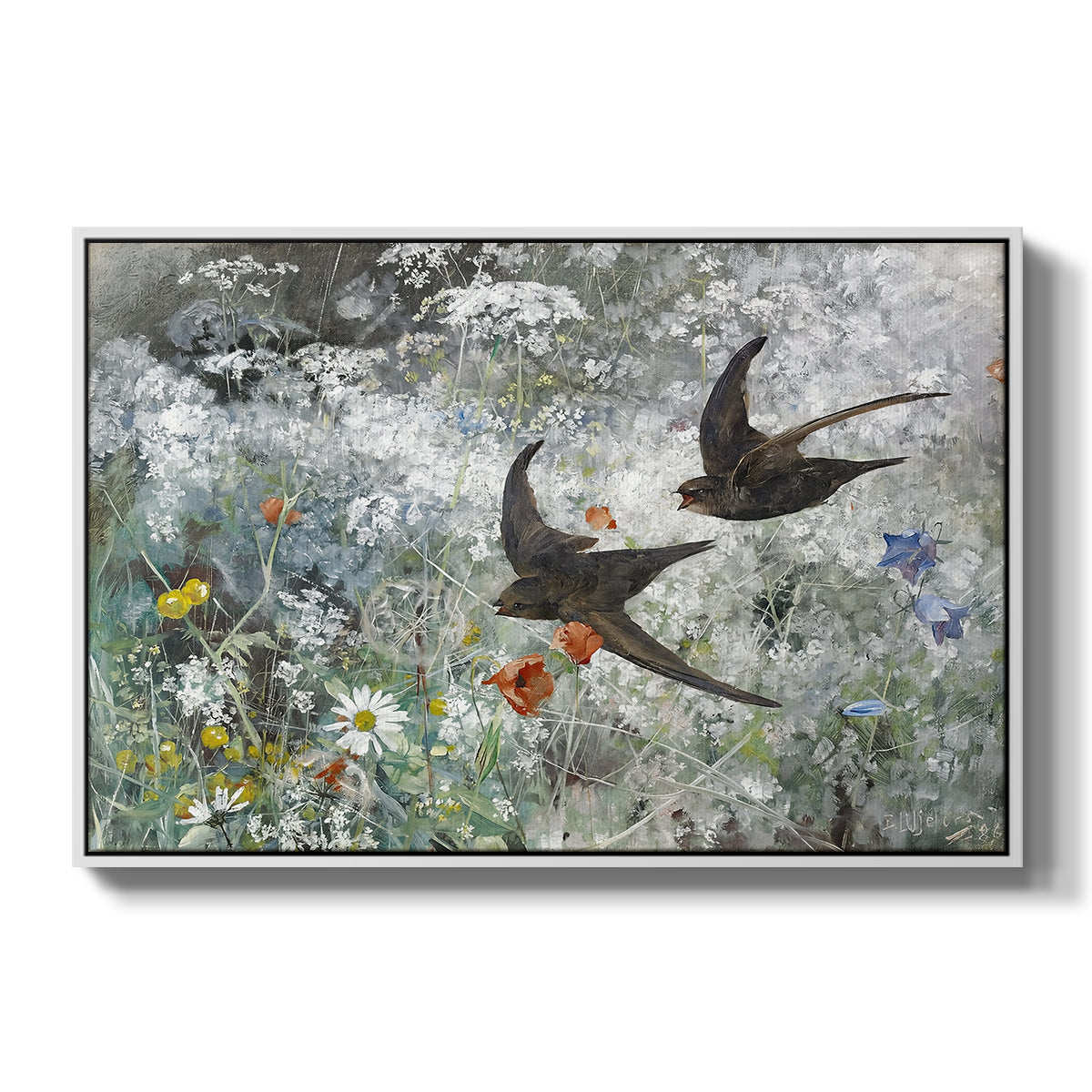 Common Swifts, 1886 by Bruno Liljefors in a white floater framed canvas wall art display.