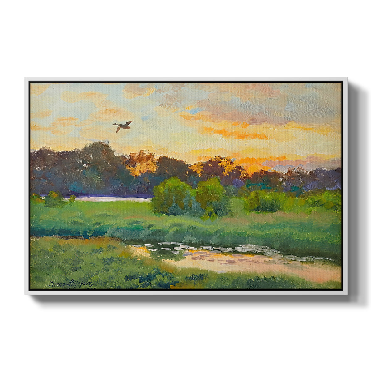 Flying Duck at Sunset, 1924 by Bruno Liljefors in a white floater framed canvas wall art display.