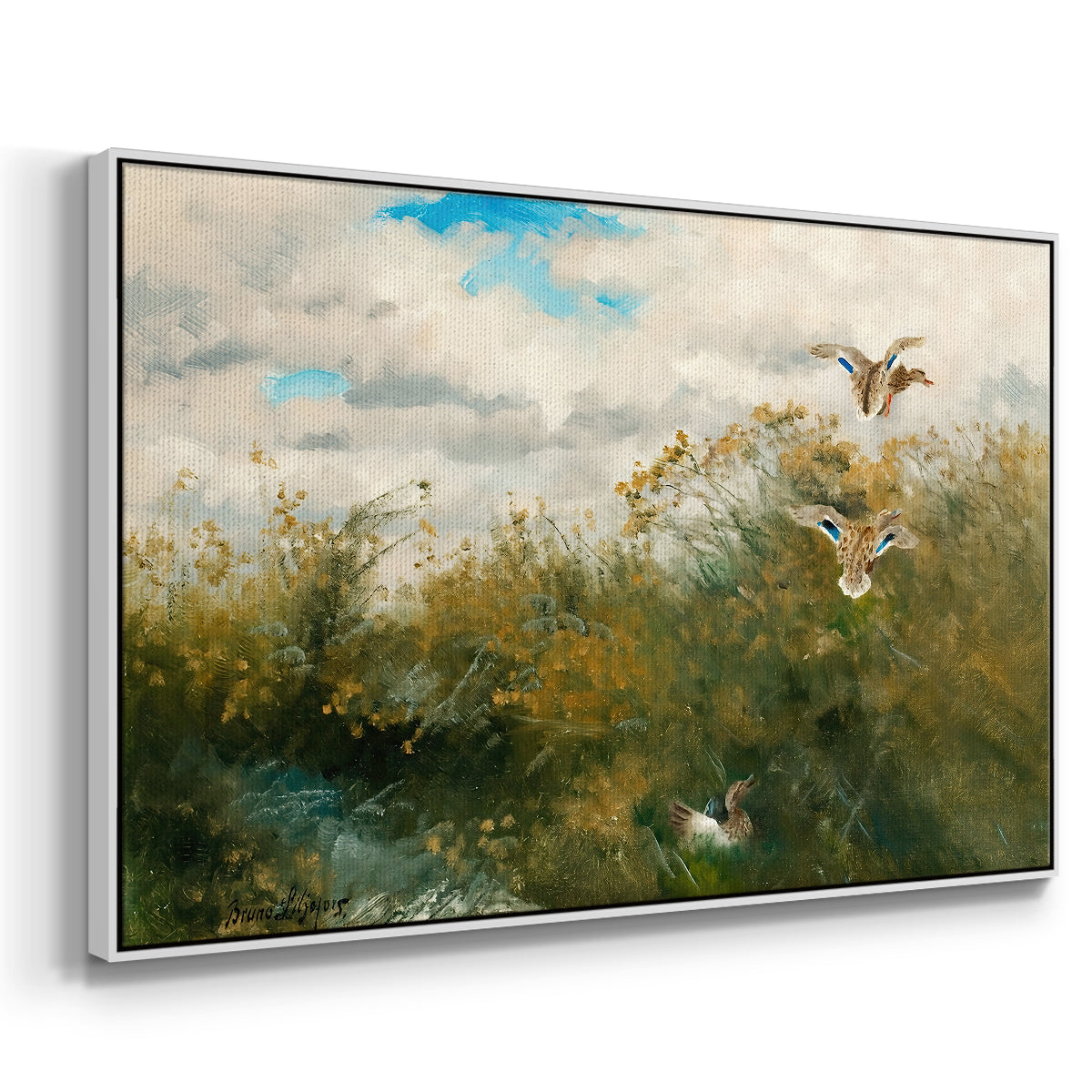 Angled view of Wild Ducks (Grasänder), 1890 by Bruno Liljefors in a white floater framed canvas.