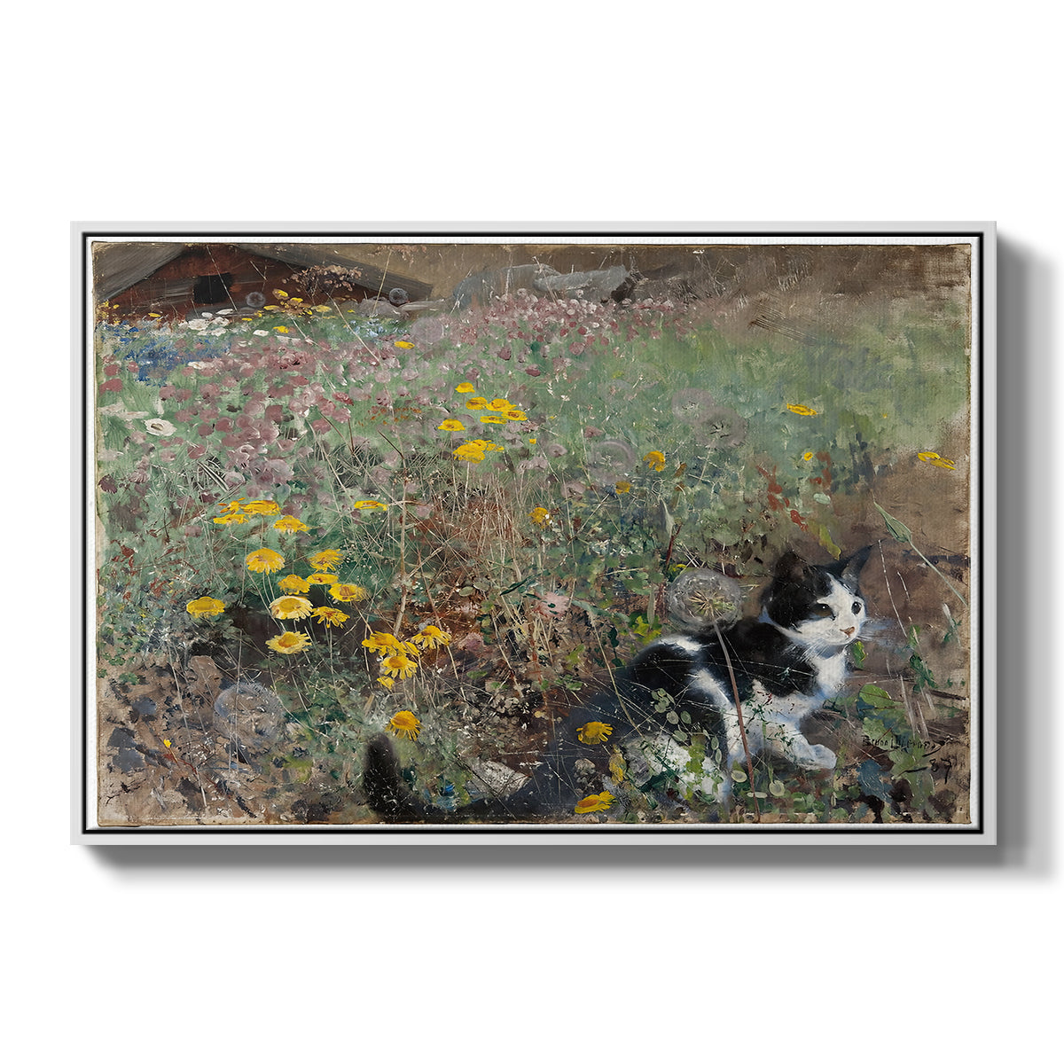 Cat on a Flowery Meadow, 1887 by Bruno Liljefors in a white floater framed canvas wall art display.