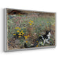 Angled view of Cat on a Flowery Meadow, 1887 by Bruno Liljefors in a white floater framed canvas.