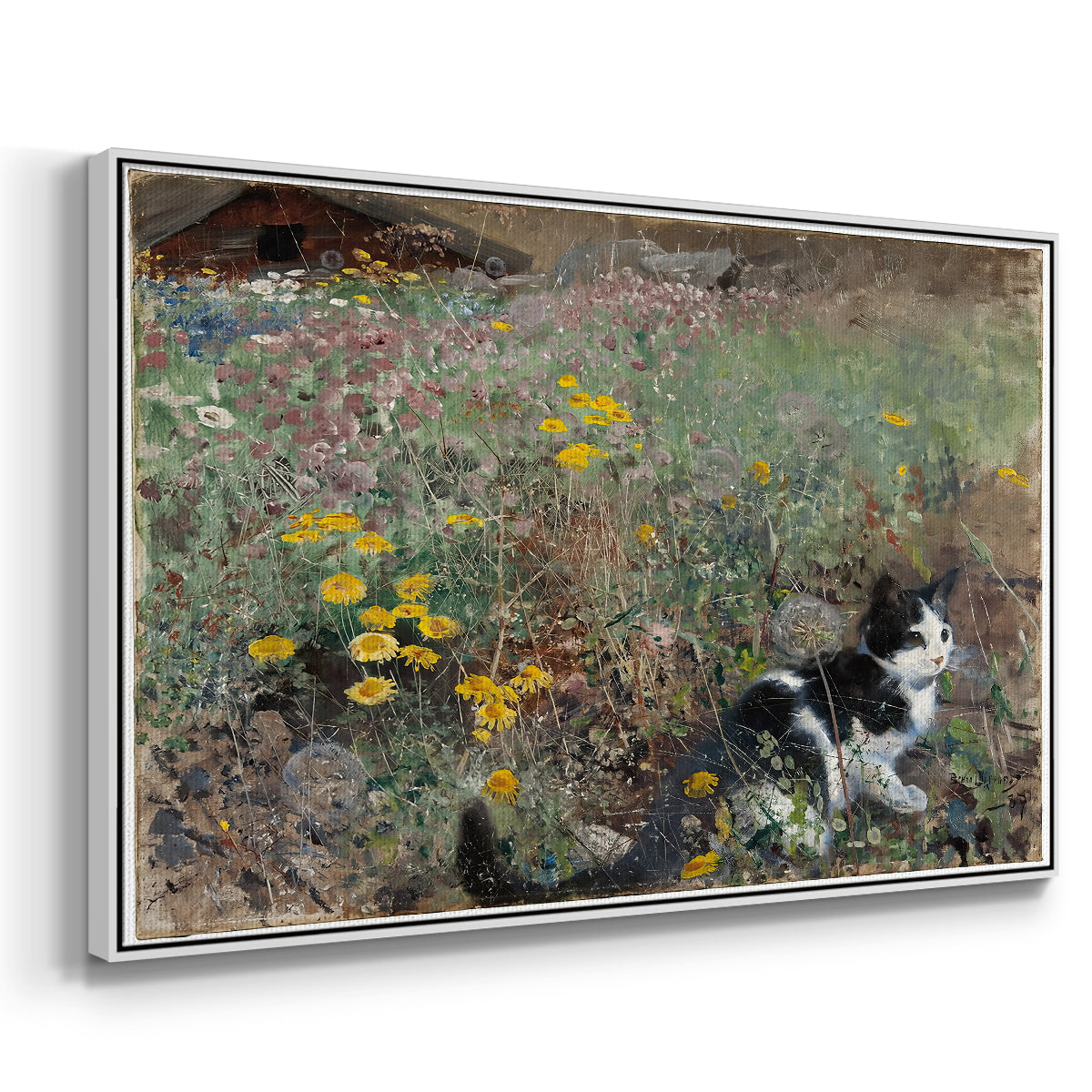 Angled view of Cat on a Flowery Meadow, 1887 by Bruno Liljefors in a white floater framed canvas.
