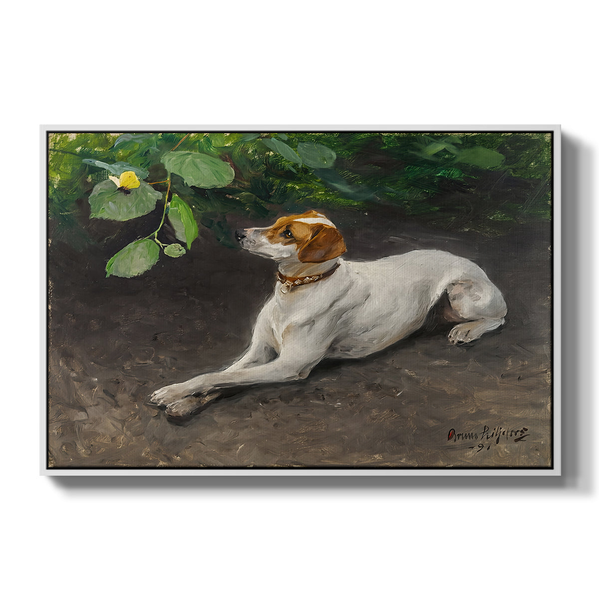 Portrait of a Dog, 1891 by Bruno Liljefors in a white floater framed canvas wall art display.