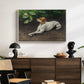 Portrait of a Dog, 1891 by Bruno Liljefors displayed in a white floater framed canvas above a dark wood credenza in an entryway.