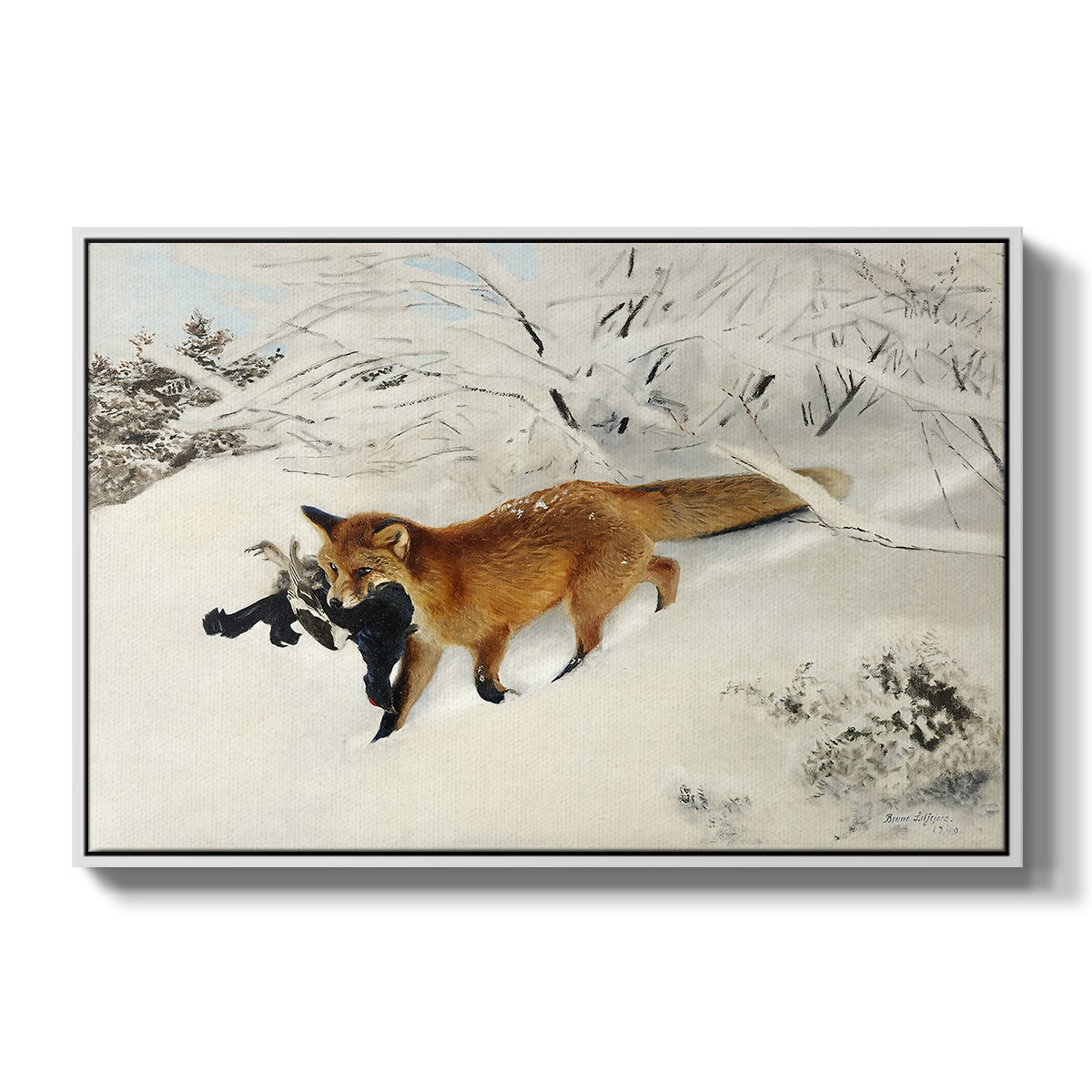 Fox in Snow Landscape, 1900 by Bruno Liljefors in a white floater framed canvas wall art display.