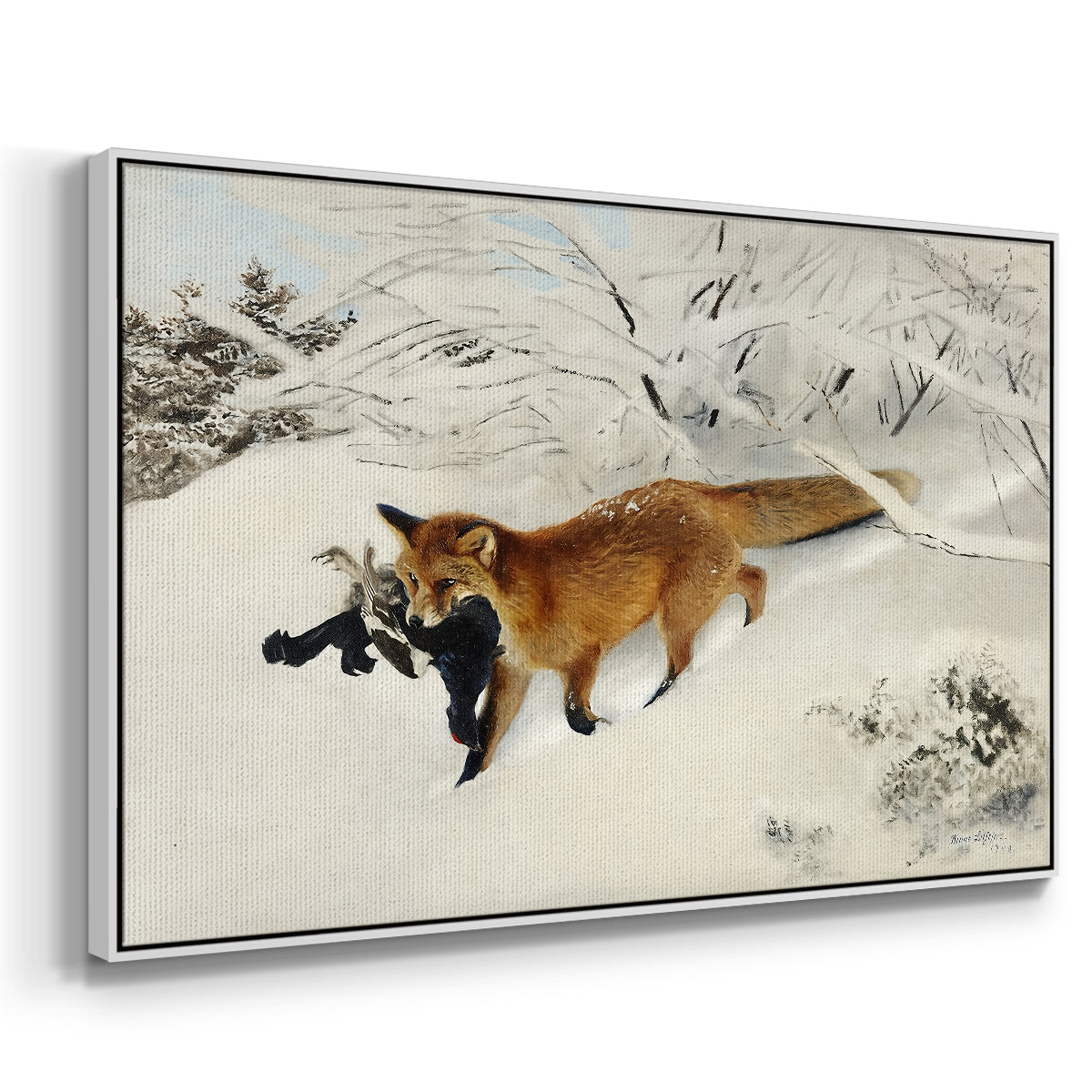 Angled view of Fox in Snow Landscape, 1900 by Bruno Liljefors in a white floater framed canvas.