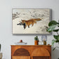 Fox in Snow Landscape, 1900 by Bruno Liljefors in a white floater framed canvas featuring a fox running across snowy landscape with sparse vegetation, displayed above a wood console cabinet.
