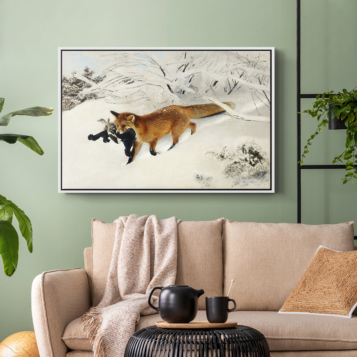 White floater framed canvas featuring a dynamic depiction of animal in cold snowy environment, displayed above a sofa in a modern living room.
