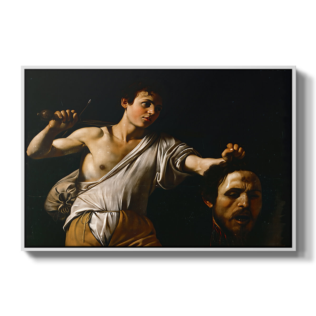 David with the Head of Goliath (Vienna Version), c. 1607 by Caravaggio in a white floater framed canvas wall art display.