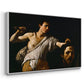 Angled view of David with the Head of Goliath (Vienna Version), c. 1607 by Caravaggio in a white floater framed canvas.