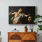 David with the Head of Goliath (Vienna Version), c. 1607 by Caravaggio in a white floater framed canvas featuring a young David holding the severed head of Goliath against a dark background, displayed above a wood console cabinet.