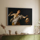 White floater framed canvas of David with the Head of Goliath (Vienna Version), c. 1607 by Caravaggio, featuring a biblical scene of David gripping Goliath's head with dramatic lighting above a sideboard in a softly lit hallway.