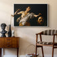 David with the Head of Goliath (Vienna Version), c. 1607 by Caravaggio as a white floater framed canvas featuring a Baroque depiction of youth holding severed head in shadowy setting, styled above a mid-century console in a contemporary living area.