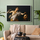 White floater framed canvas featuring an intense religious scene with figure emerging from darkness holding trophy, displayed above a sofa in a modern living room.