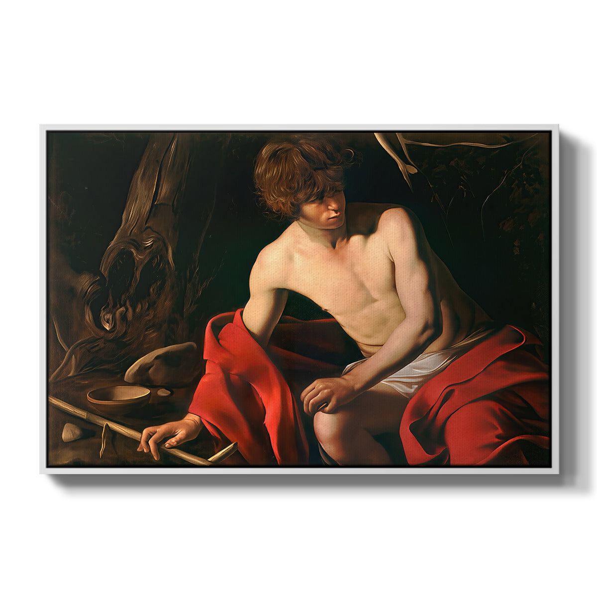 Saint John the Baptist in the Wilderness, c. 1603-1604 by Caravaggio in a white floater framed canvas wall art display.