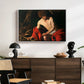 Saint John the Baptist in the Wilderness, c. 1603-1604 by Caravaggio displayed in a white floater framed canvas above a dark wood credenza in an entryway.