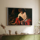White floater framed canvas of Saint John the Baptist in the Wilderness, c. 1603-1604 by Caravaggio, featuring a solitary figure of Saint John resting in natural setting with soft light above a sideboard in a softly lit hallway.