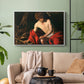 White floater framed canvas featuring a contemplative religious figure in rustic wilderness environment, displayed above a sofa in a modern living room.
