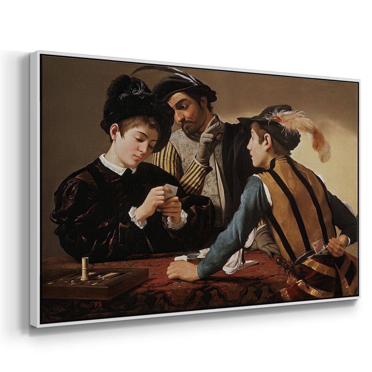 Angled view of The Cardsharps, c. 1594 by Caravaggio in a white floater framed canvas.
