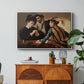 The Cardsharps, c. 1594 by Caravaggio in a white floater framed canvas featuring two men cheating at cards while a third figure secretly observes behind them, displayed above a wood console cabinet.
