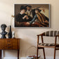 The Cardsharps, c. 1594 by Caravaggio as a white floater framed canvas featuring a young men playing cards with one cheating and another watching closely, styled above a mid-century console in a contemporary living area.