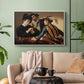 White floater framed canvas featuring a dramatic interior scene of gambling and trickery among figures, displayed above a sofa in a modern living room.