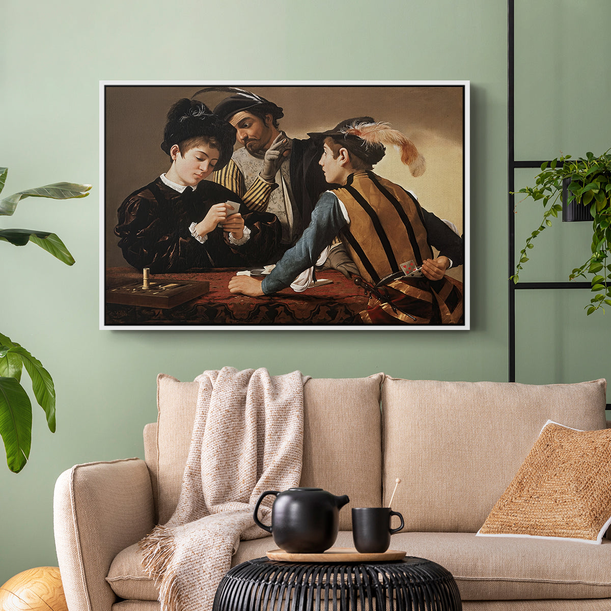 White floater framed canvas featuring a dramatic interior scene of gambling and trickery among figures, displayed above a sofa in a modern living room.