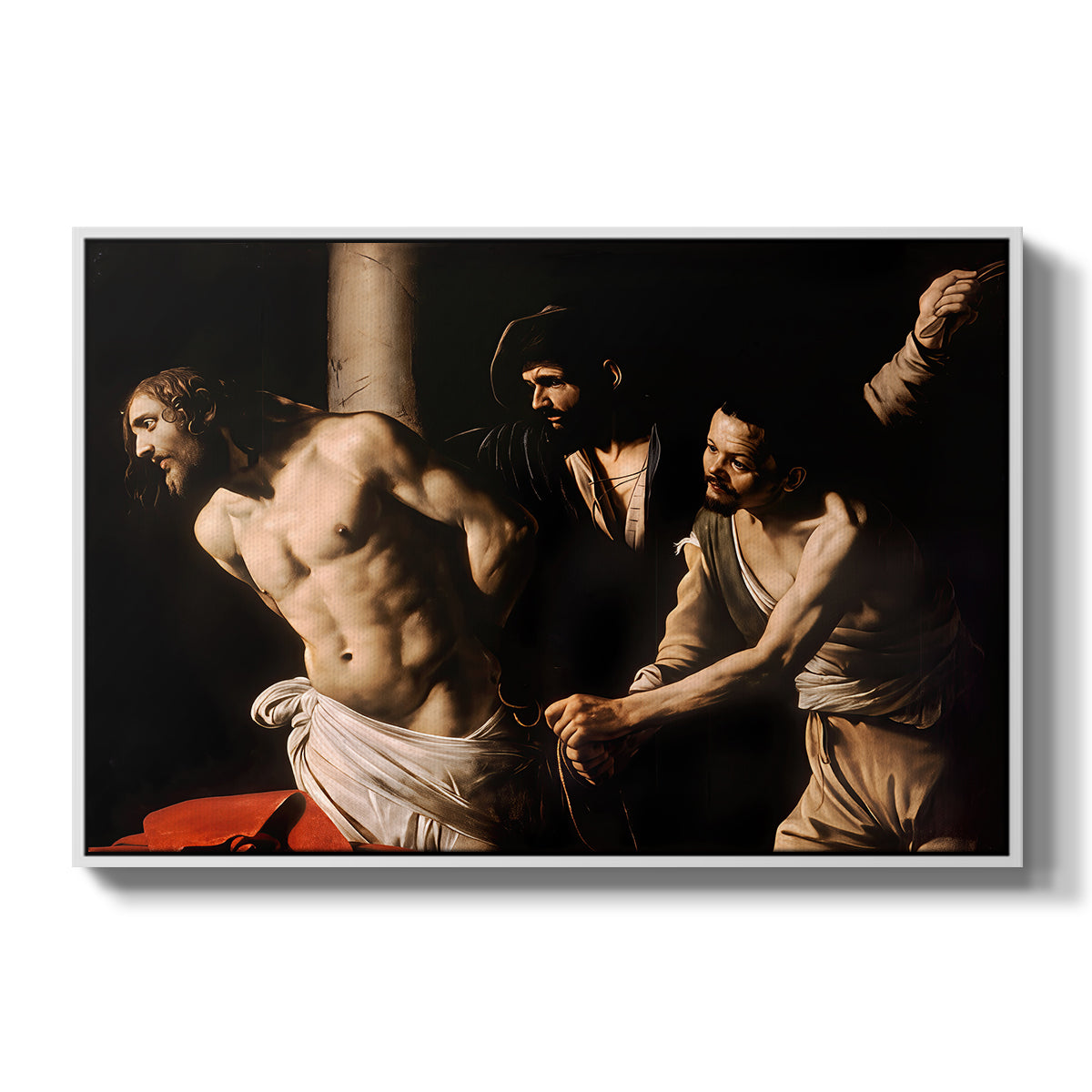 The Flagellation of Christ at the Column (Rouen Version), 1606 by Caravaggio in a white floater framed canvas wall art display.