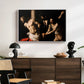 The Flagellation of Christ at the Column (Rouen Version), 1606 by Caravaggio displayed in a white floater framed canvas above a dark wood credenza in an entryway.
