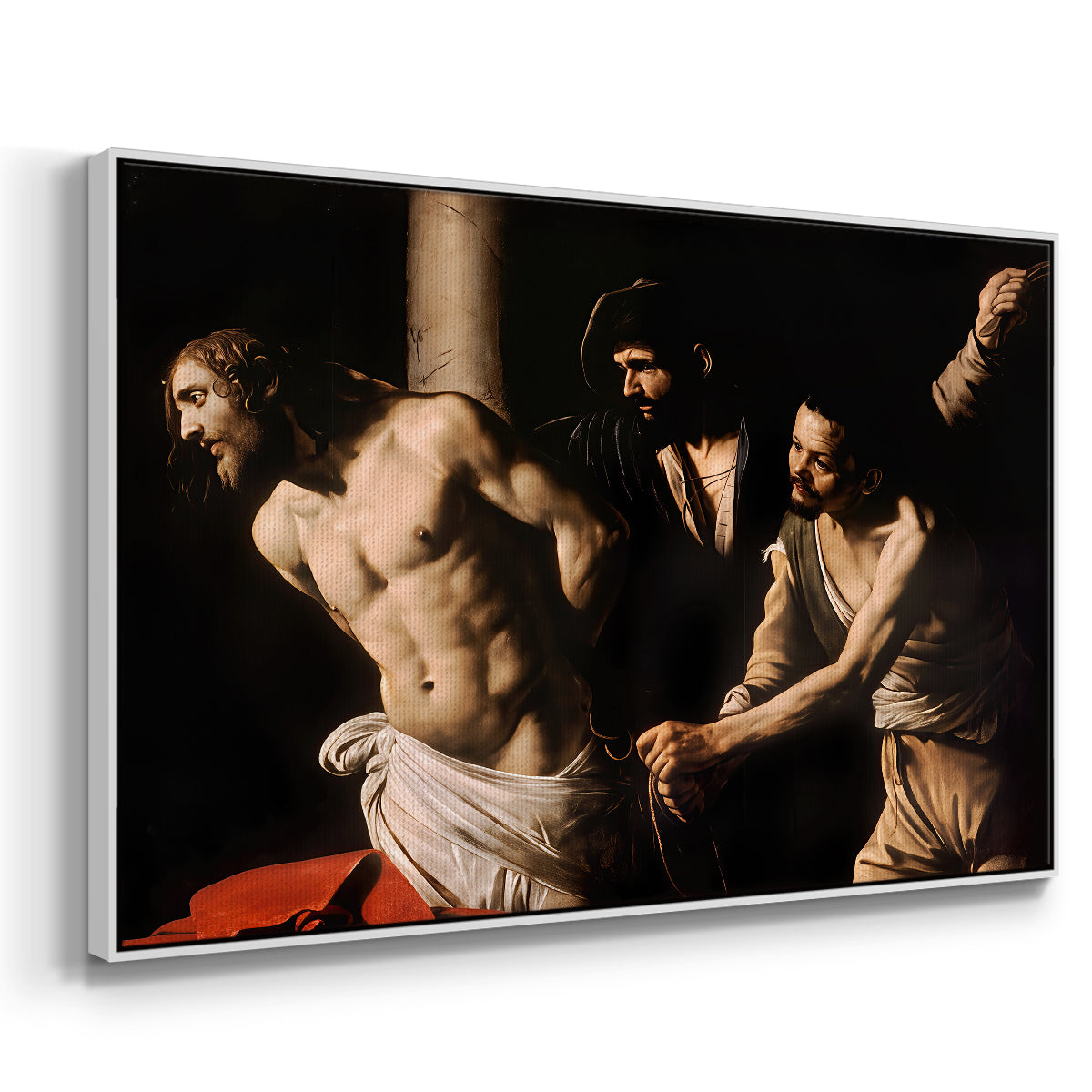 Angled view of The Flagellation of Christ at the Column (Rouen Version), 1606 by Caravaggio in a white floater framed canvas.