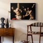 The Flagellation of Christ at the Column (Rouen Version), 1606 by Caravaggio as a white floater framed canvas featuring a biblical depiction of men whipping Christ tied to pillar, styled above a mid-century console in a contemporary living area.