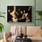 White floater framed canvas featuring an intense Baroque scene of suffering with strong light and shadow, displayed above a sofa in a modern living room.