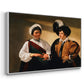 Angled view of The Fortune Teller (Louvre Version), c. 1595 by Caravaggio in a white floater framed canvas.
