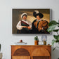 The Fortune Teller (Louvre Version), c. 1595 by Caravaggio in a white floater framed canvas featuring a woman reading a young man's palm while secretly stealing his ring, displayed above a wood console cabinet.