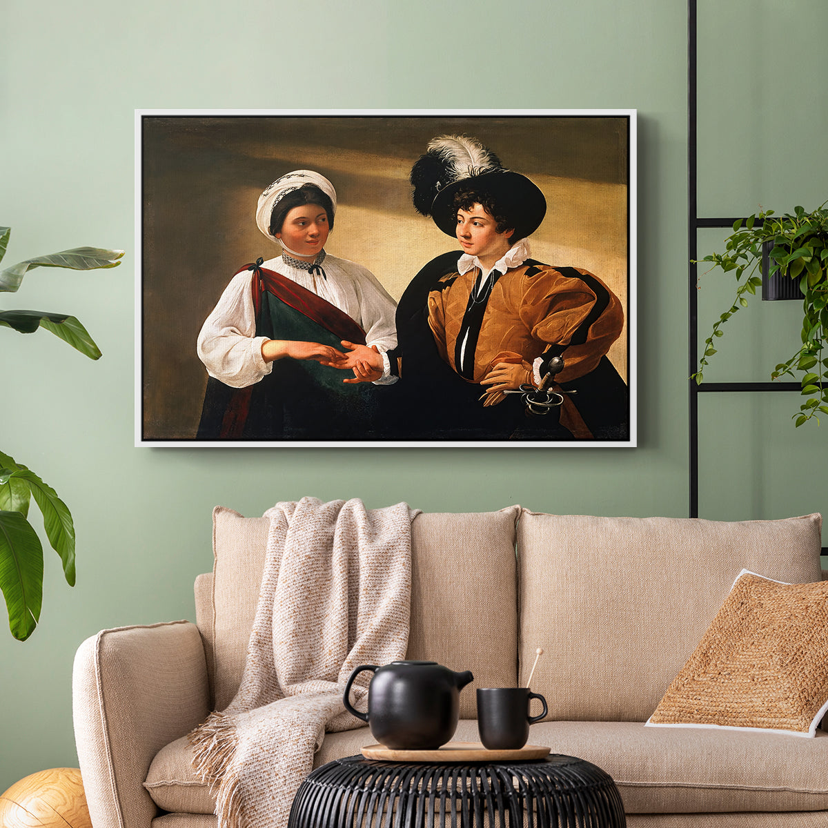 White floater framed canvas featuring two figures engaged in fortune telling with hidden deception, displayed above a sofa in a modern living room.