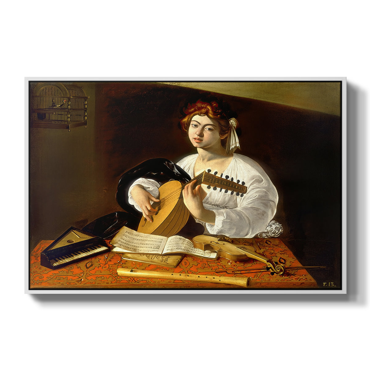 The Lute Player (Wildenstein Version), c. 1596 by Caravaggio in a white floater framed canvas wall art display.