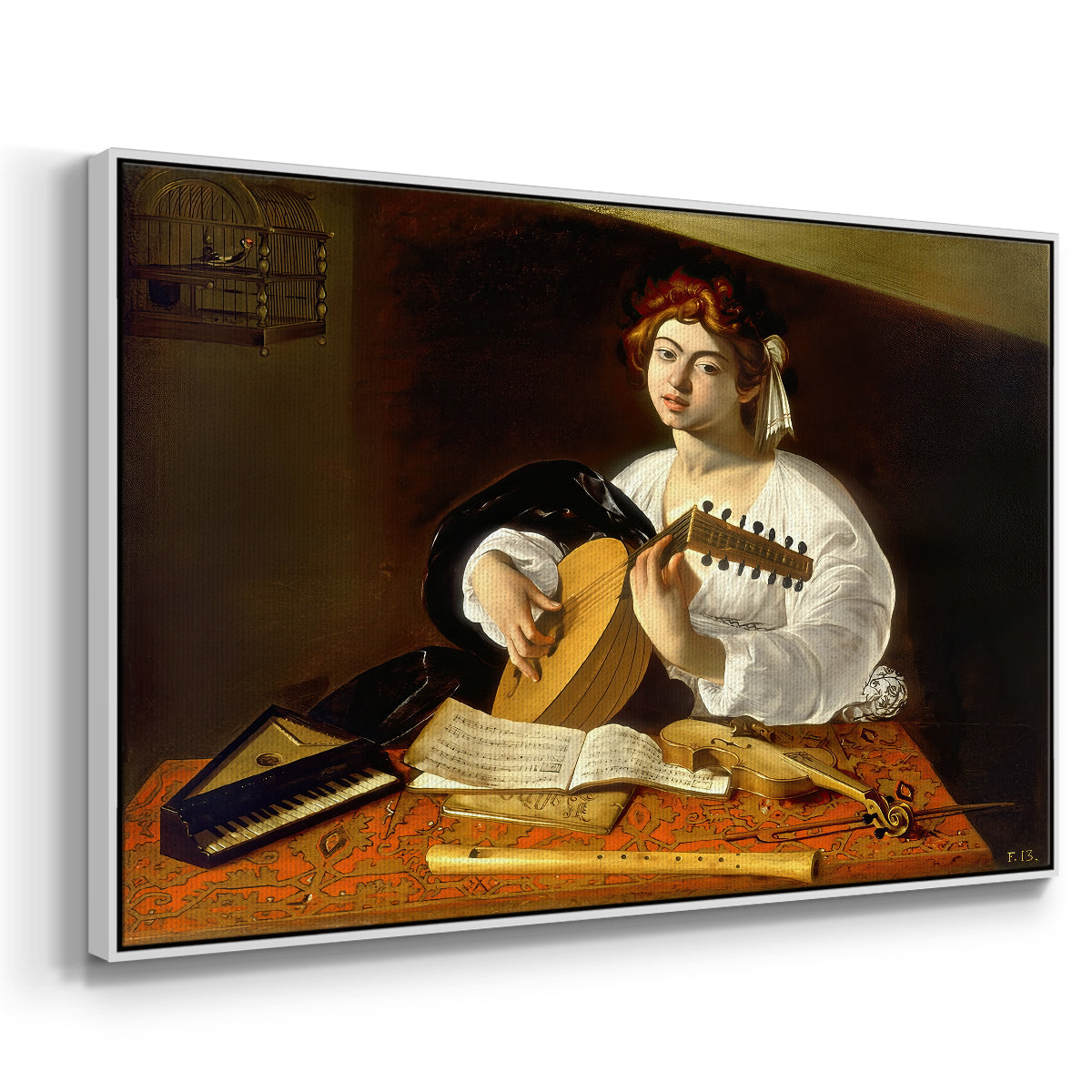 Angled view of The Lute Player (Wildenstein Version), c. 1596 by Caravaggio in a white floater framed canvas.