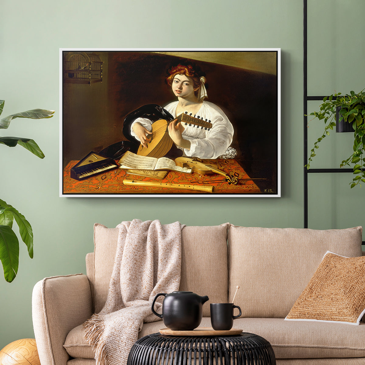 White floater framed canvas featuring an intimate portrait of musician with still life elements, displayed above a sofa in a modern living room.
